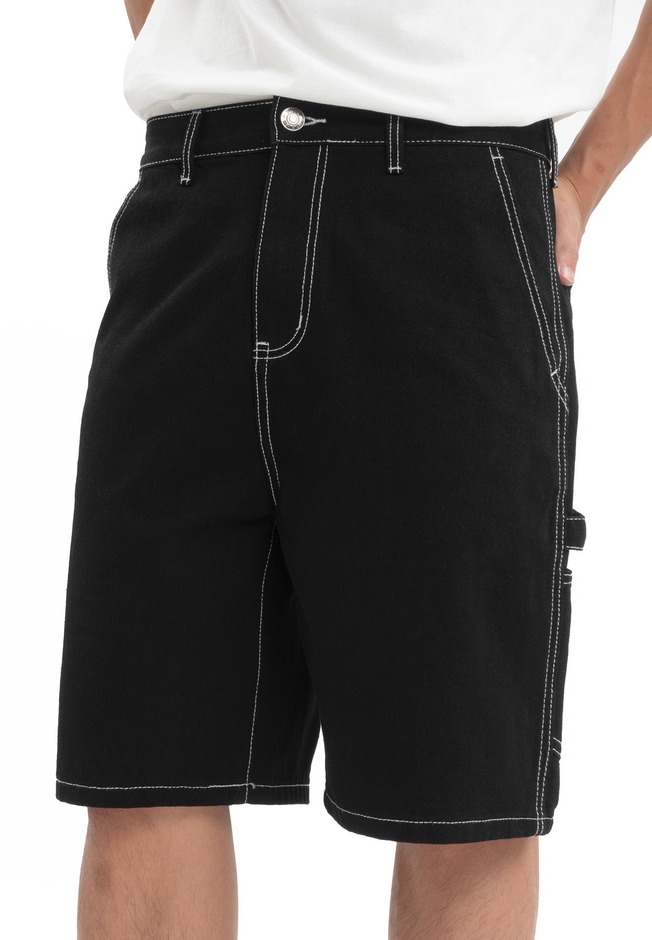 DRUM Contrast Stitches Short Jeans- Black