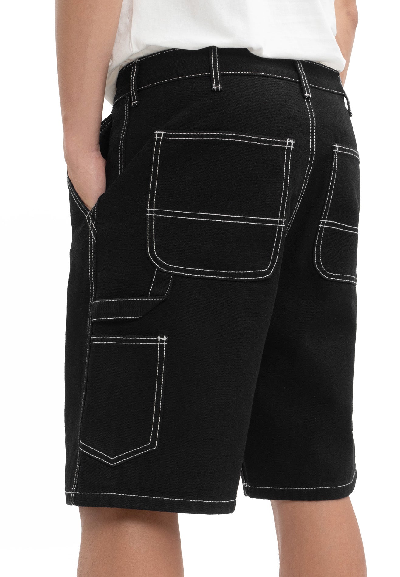 DRUM Contrast Stitches Short Jeans- Black
