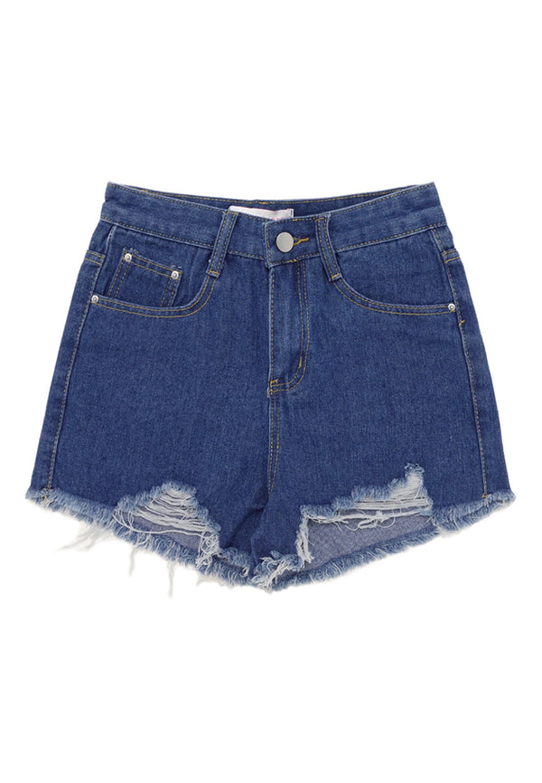 Ripped Details Short Jeans- Blue