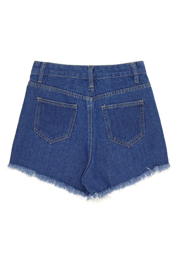 Ripped Details Short Jeans- Blue