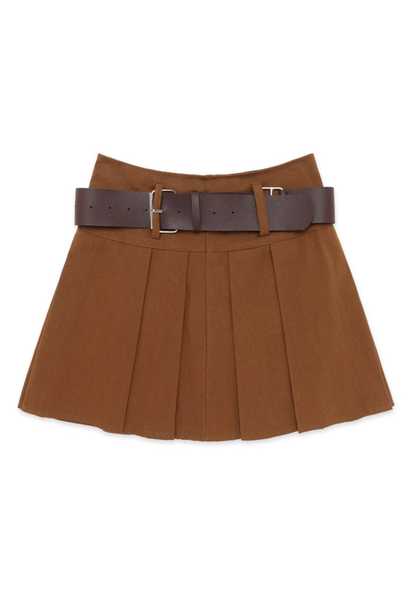 Pleated Miniskirt With Free Belt- Brown
