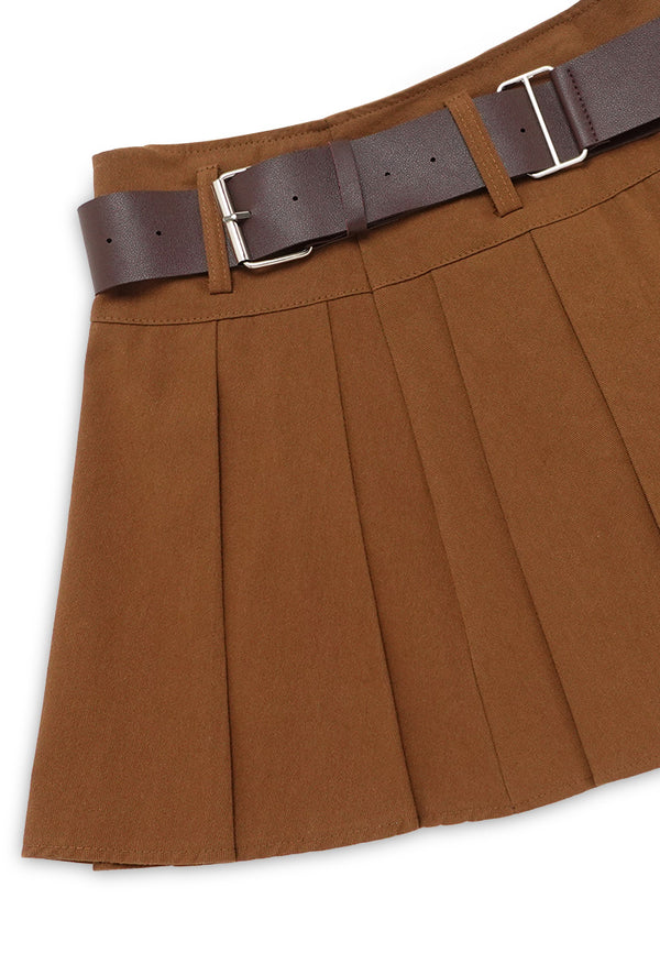 Pleated Miniskirt With Free Belt- Brown