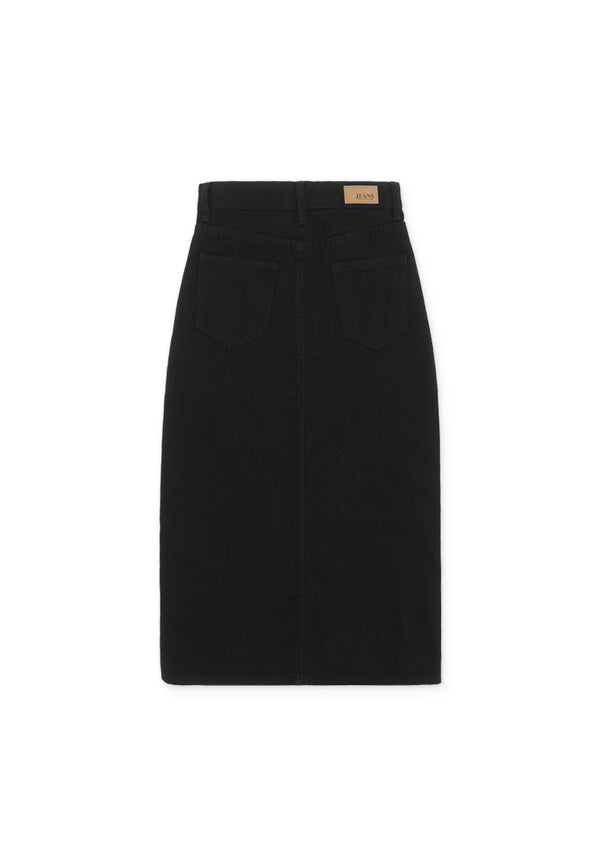 Denim Open Slit Midi Skirt- Black
