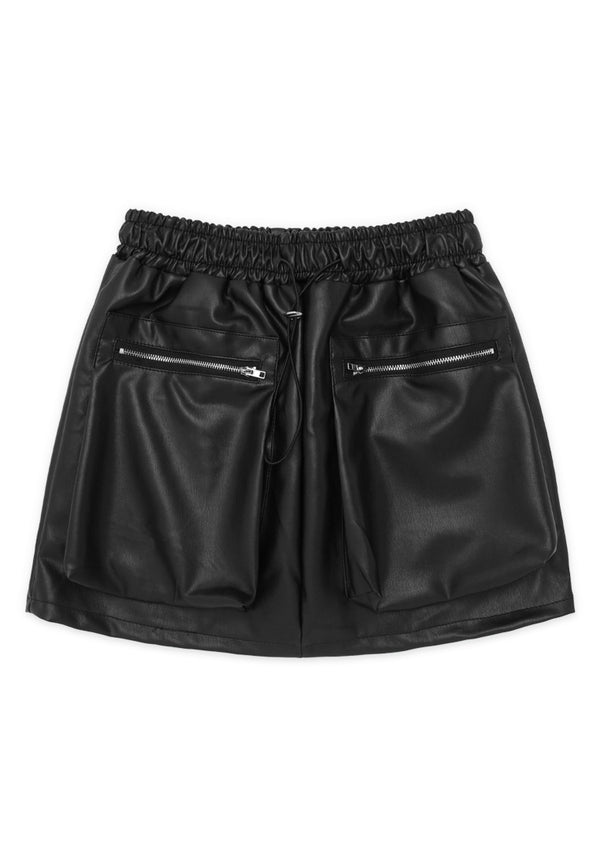 Classic Pocket Faux Leather Skirt- Black