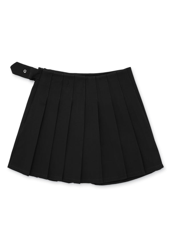Pleated Belt Details Mini Skirt- Black