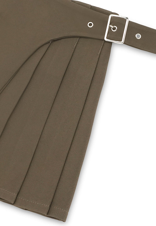 Pleated Belt Details Mini Skirt-Brown