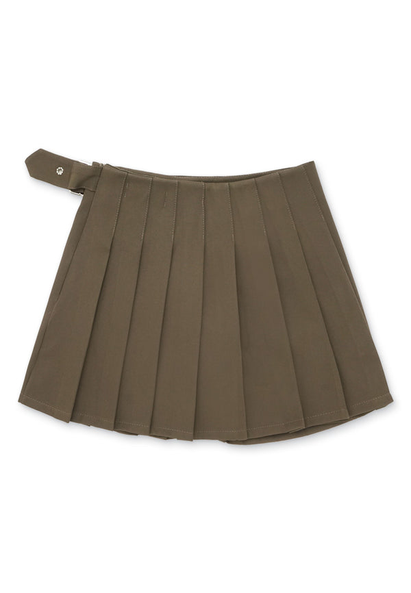 Pleated Belt Details Mini Skirt-Brown