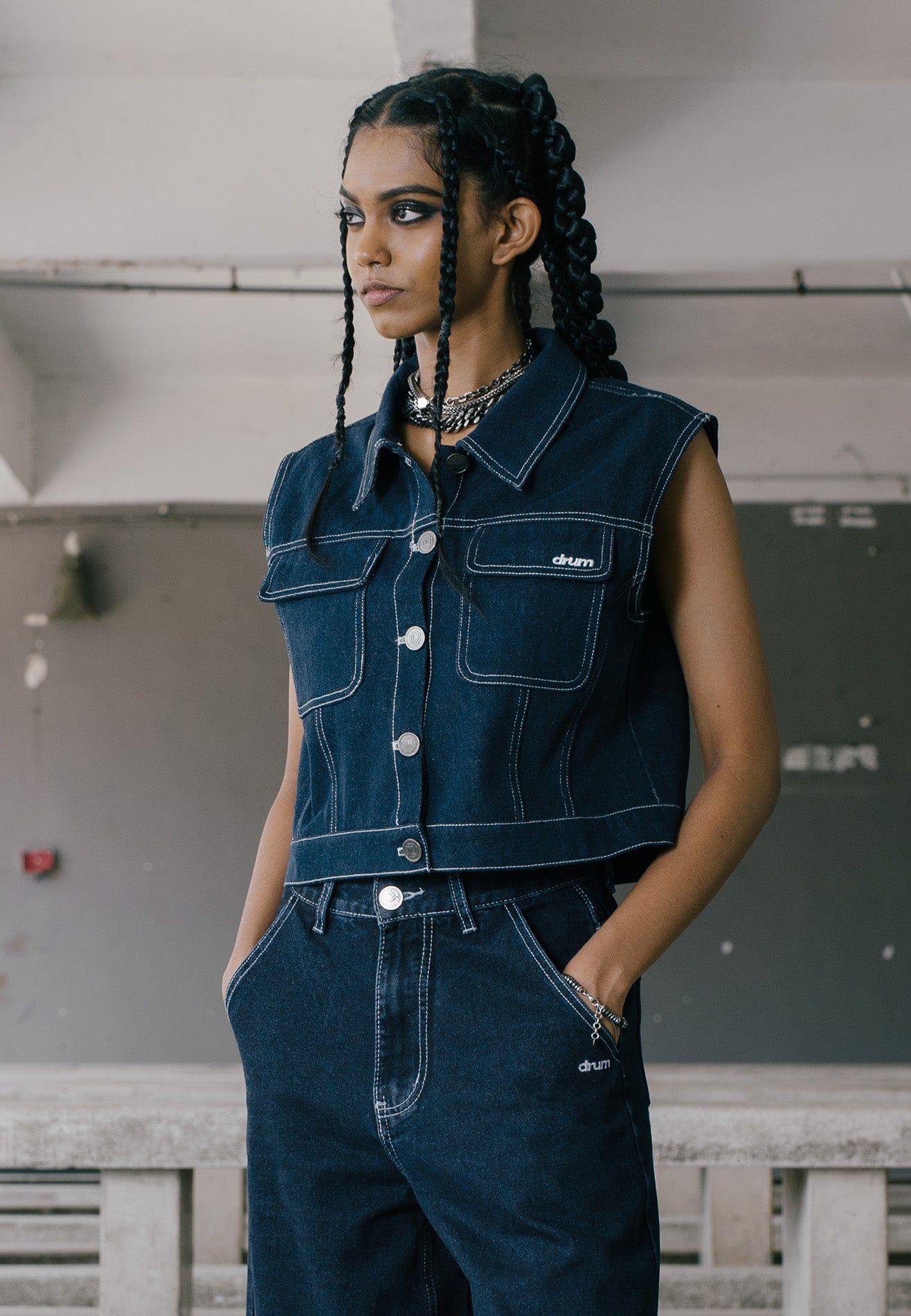 DRUM S. Women Denim Syndicate Sleeveless Jacket- Dark Blue