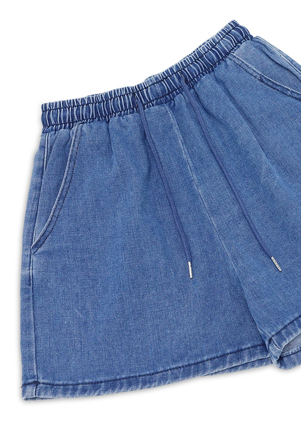 Drawstring Waist Denim Shorts- Blue