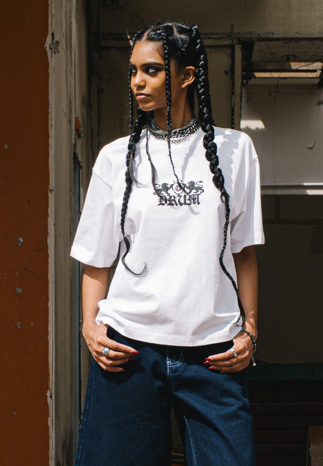 DRUM S. DRUM Not Dumb Puff Print Boxy Oversized Tee- White