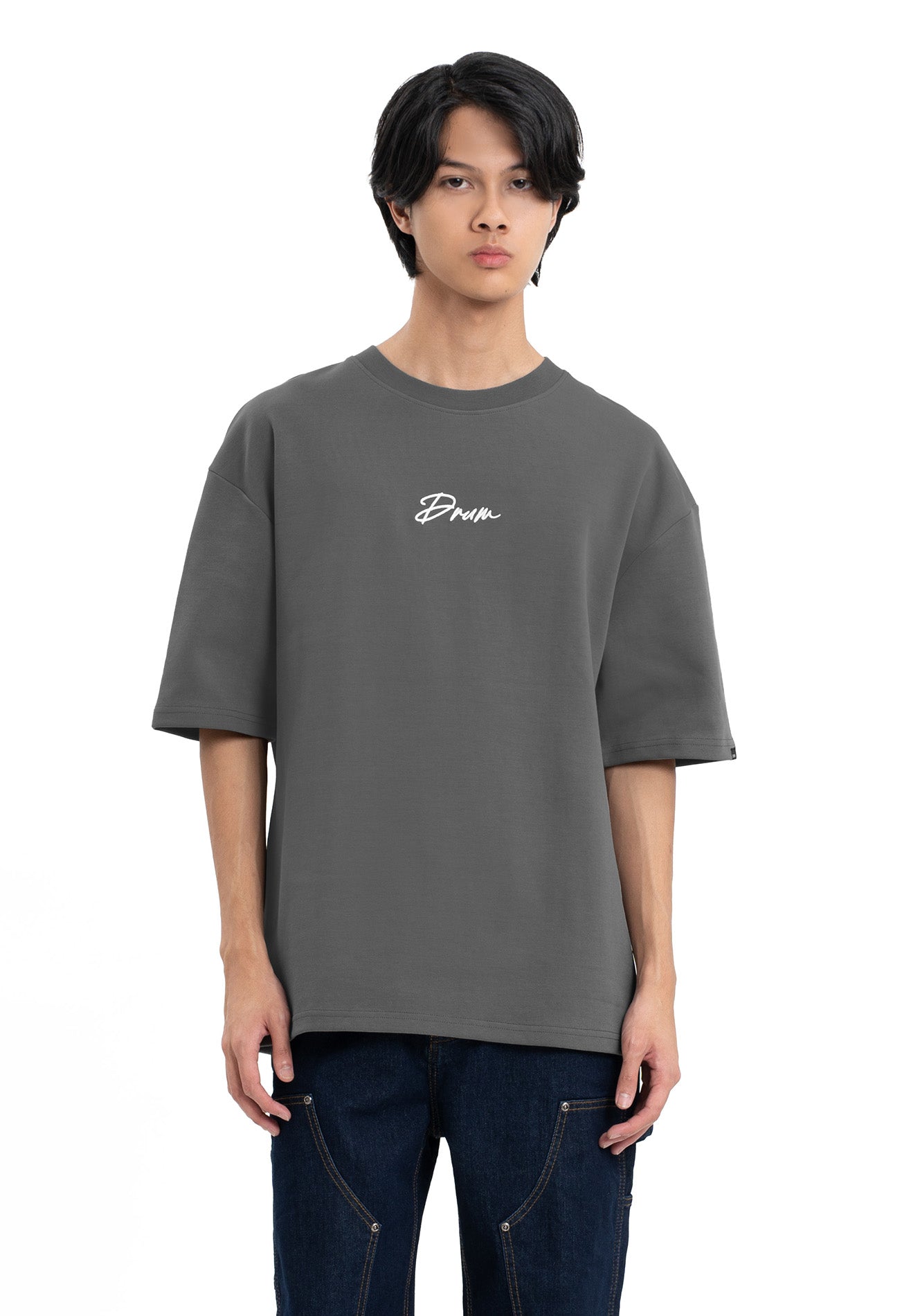 Select Slogan Printed Patched Oversized Tee- Dark Grey