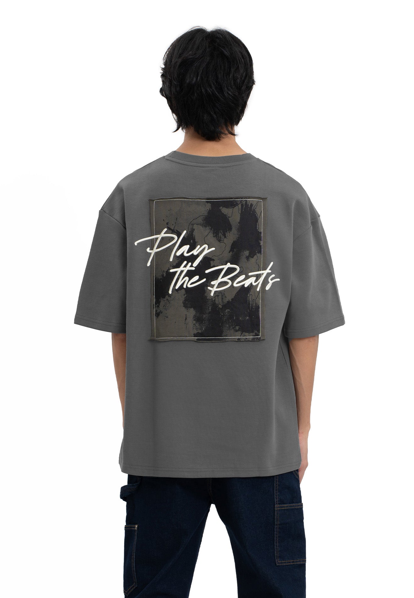 Select Slogan Printed Patched Oversized Tee- Dark Grey
