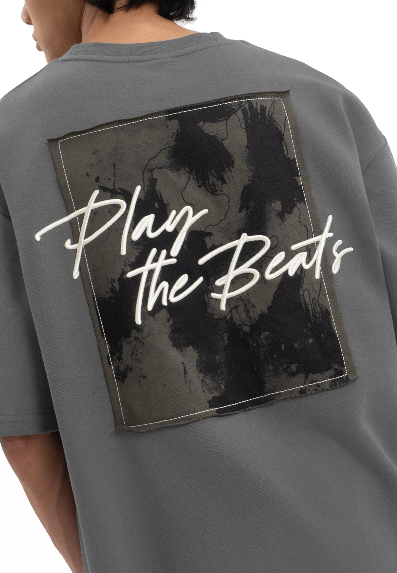 Select Slogan Printed Patched Oversized Tee- Dark Grey