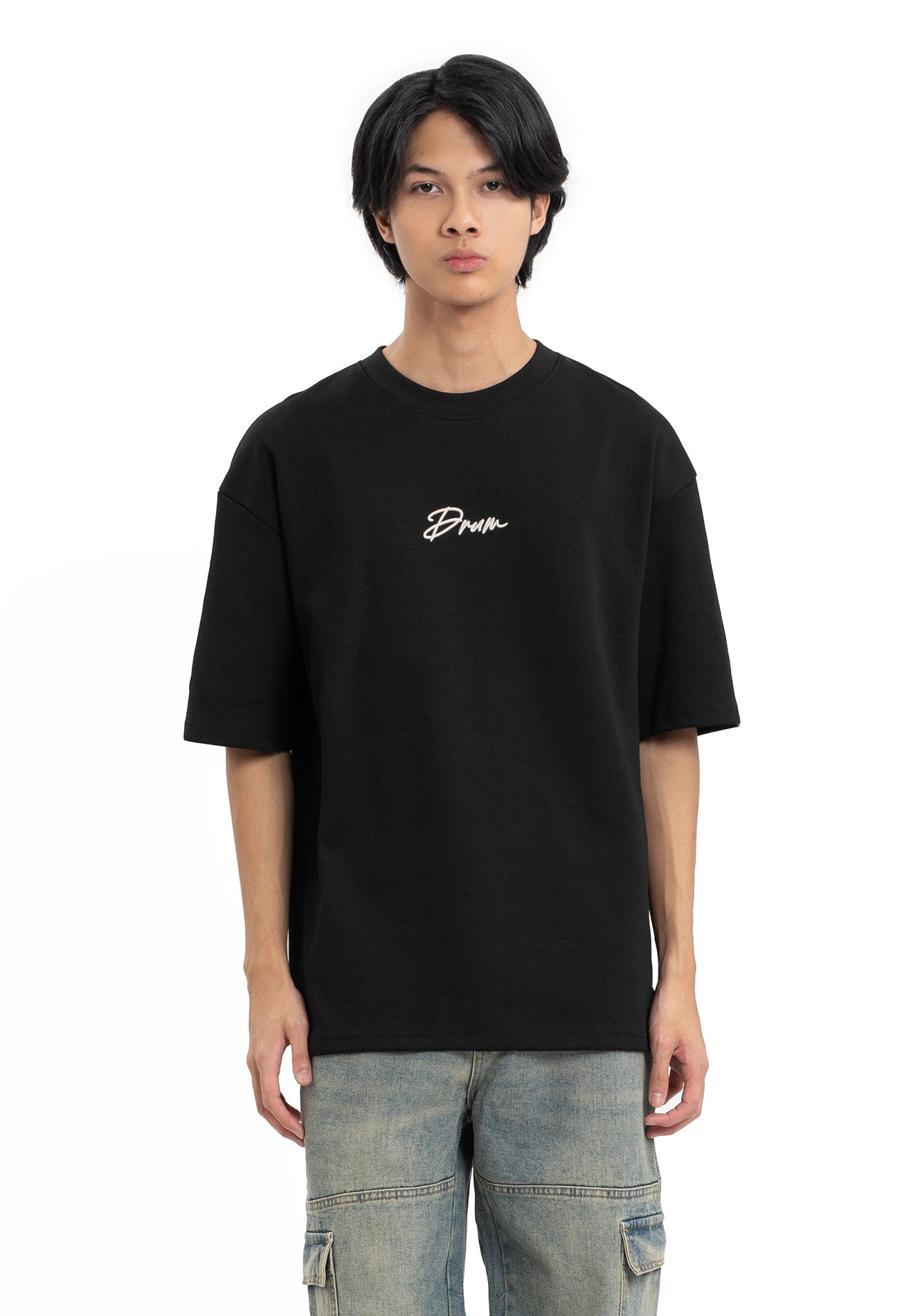 Select Slogan Printed Patched Oversized Tee- Black