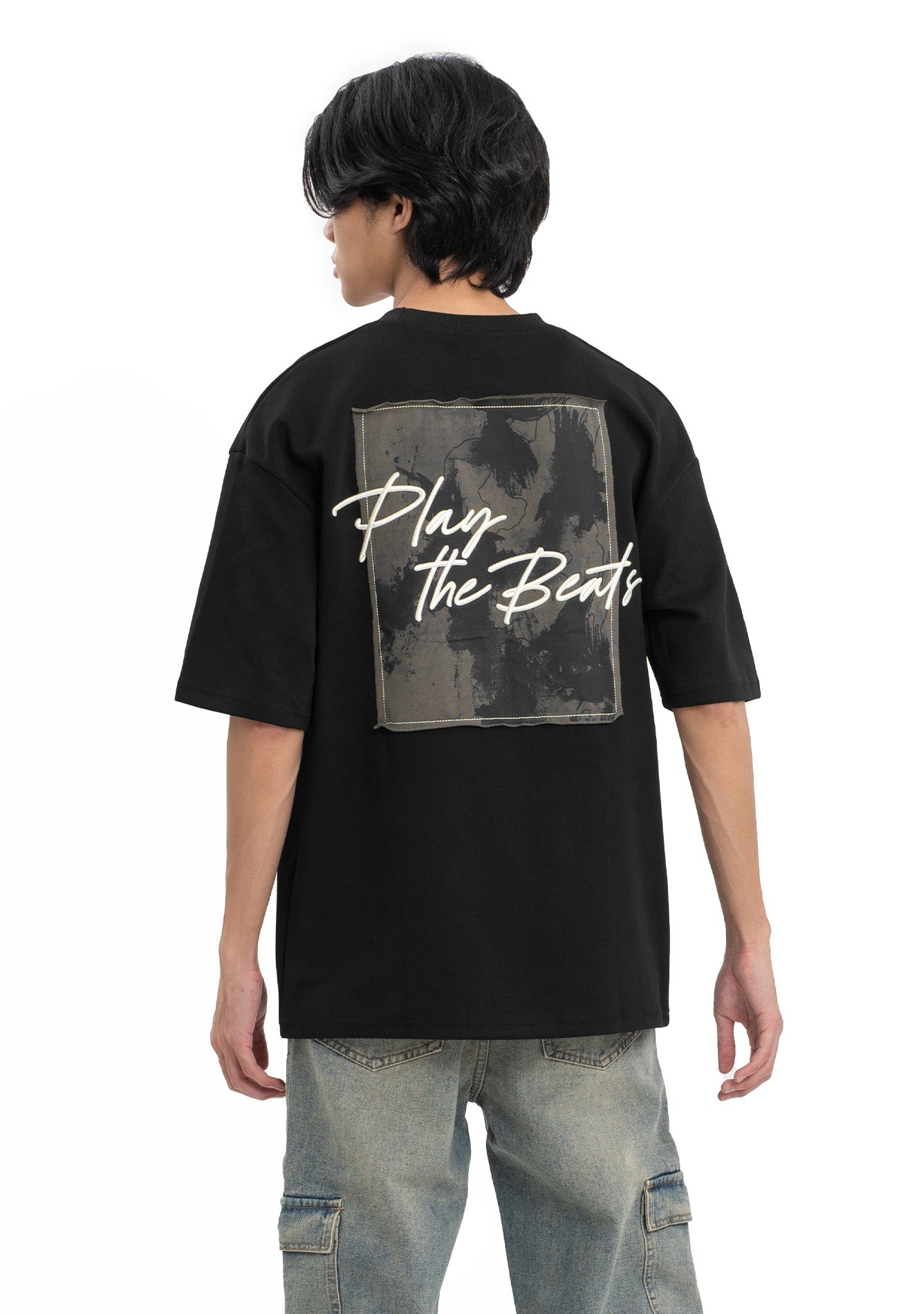 Select Slogan Printed Patched Oversized Tee- Black