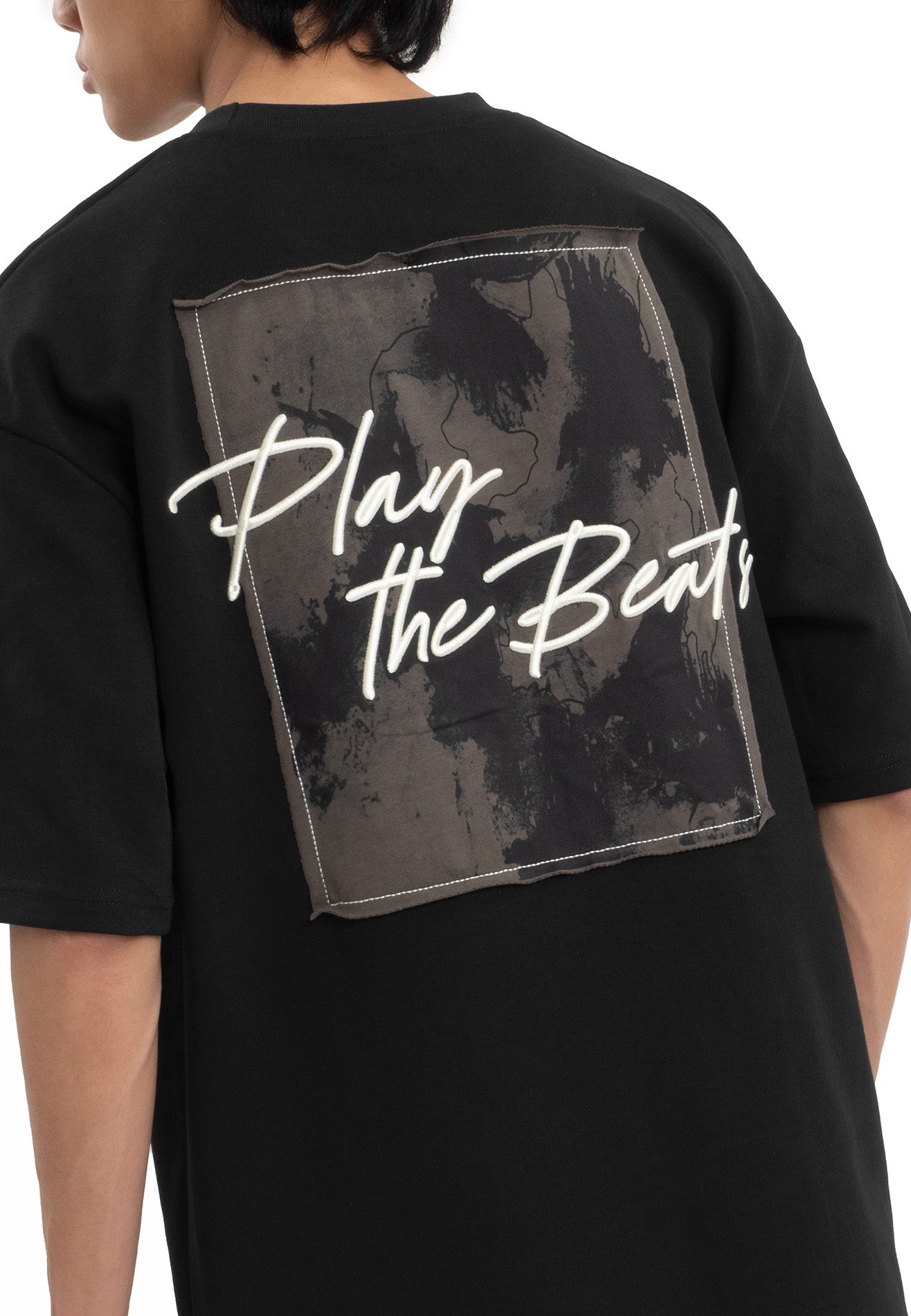 Select Slogan Printed Patched Oversized Tee- Black