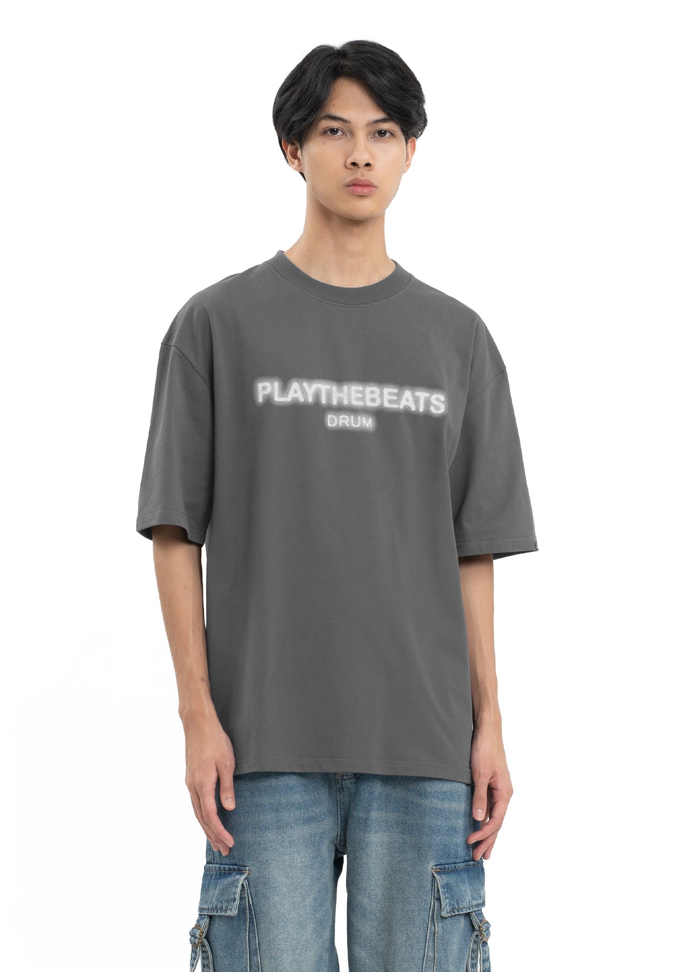 Select Blur Effect Print Oversized Tee- Dark Grey