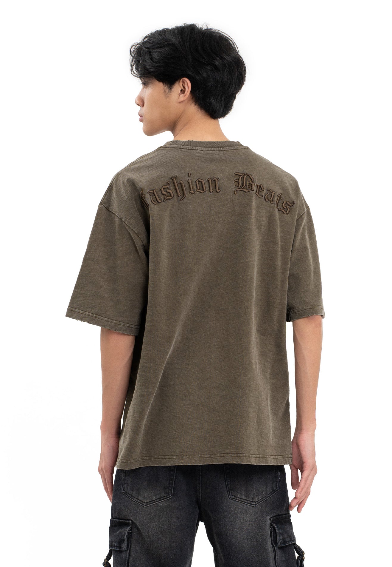 Select Stone Washed Embroidery Oversized Tee- Brown