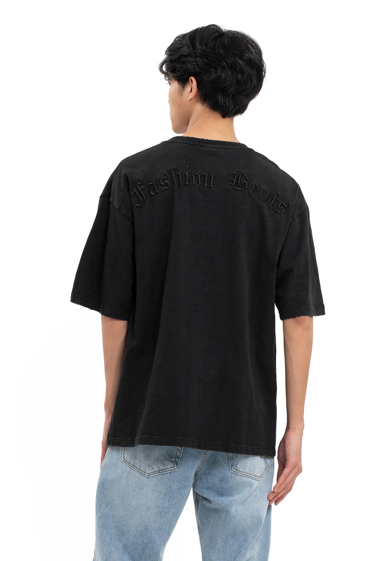 Select Stone Washed Embroidery Oversized Tee- Black