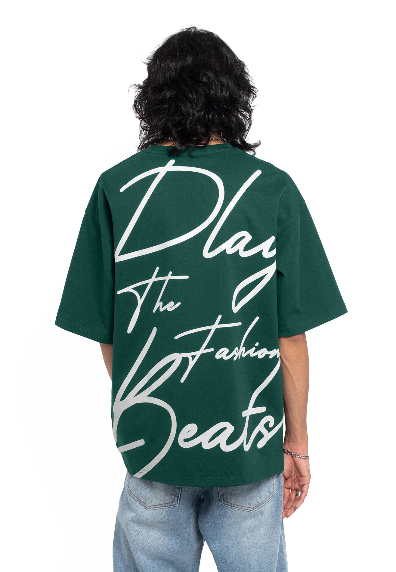 Select Slogan Reflective Print Oversized Tee- Dark Green