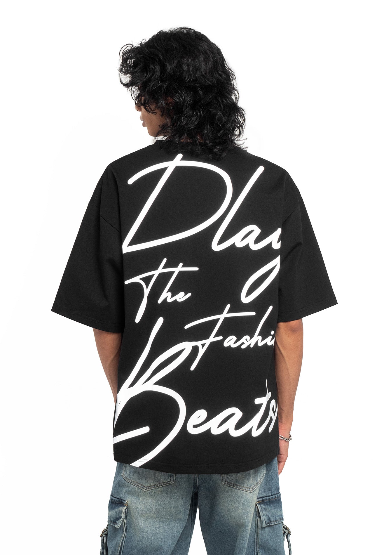 Select Slogan Reflective Print Oversized Tee- Black