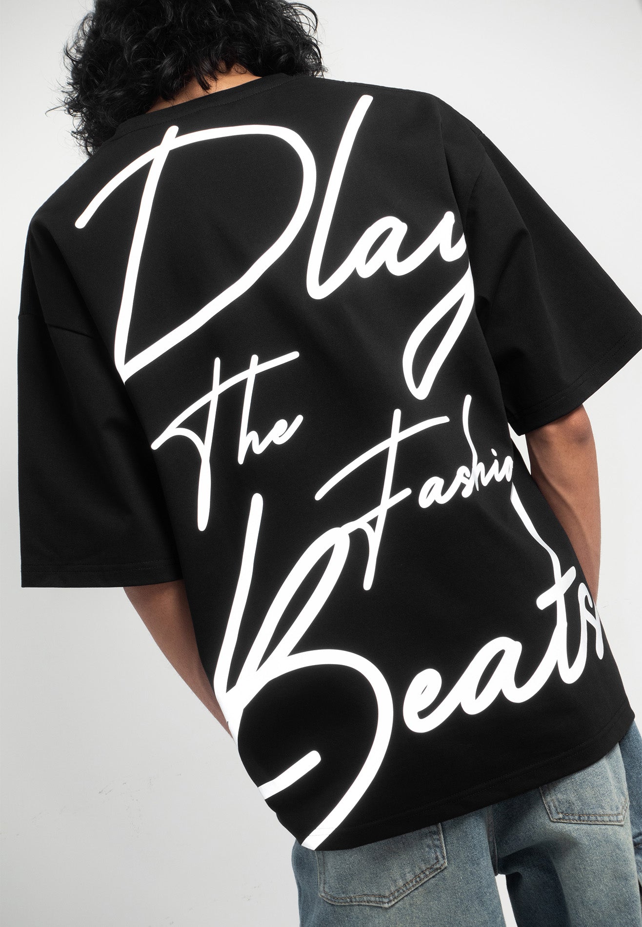 Select Slogan Reflective Print Oversized Tee- Black