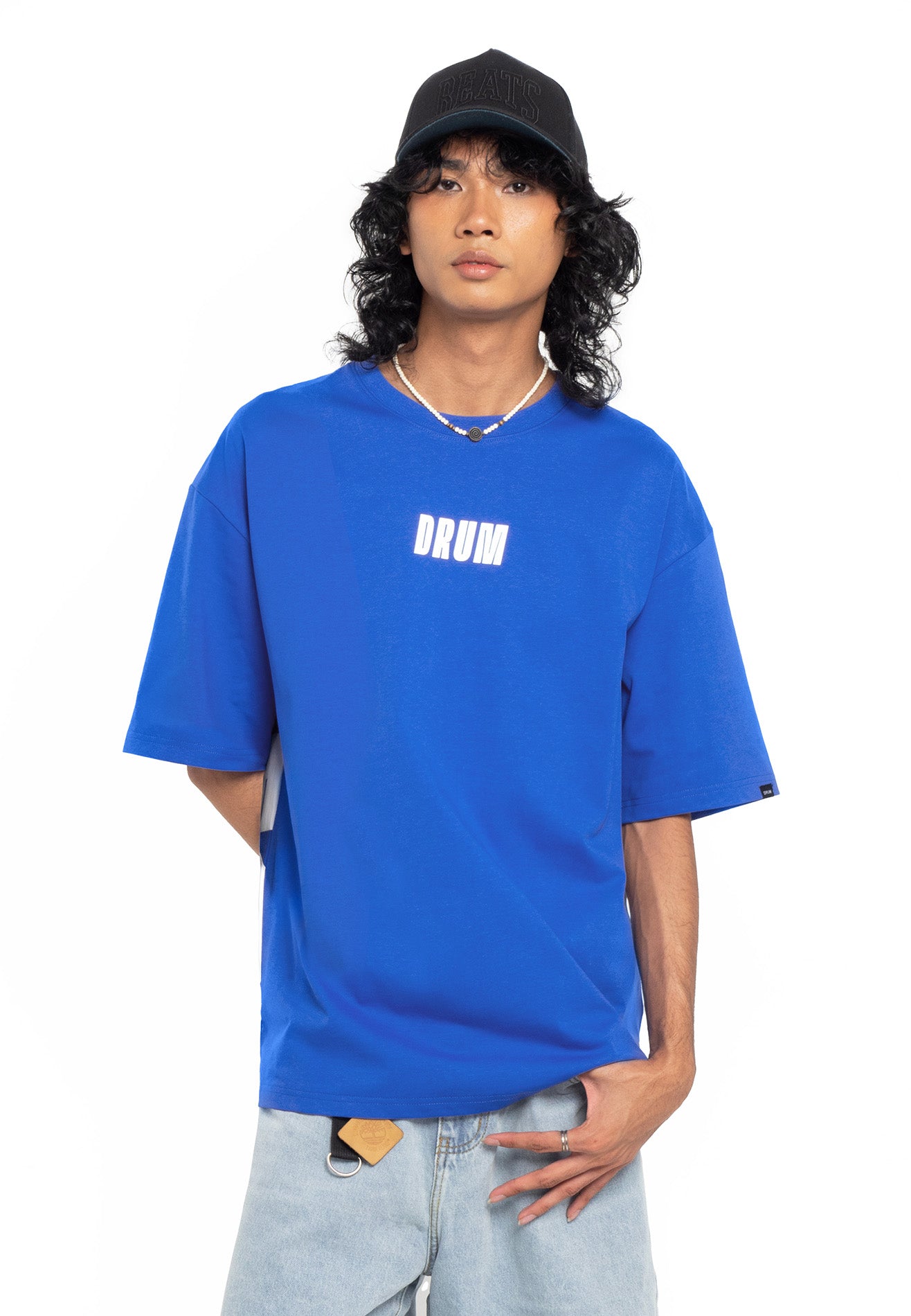Select Bold Slogan Reflective Print Oversized Tee- Blue