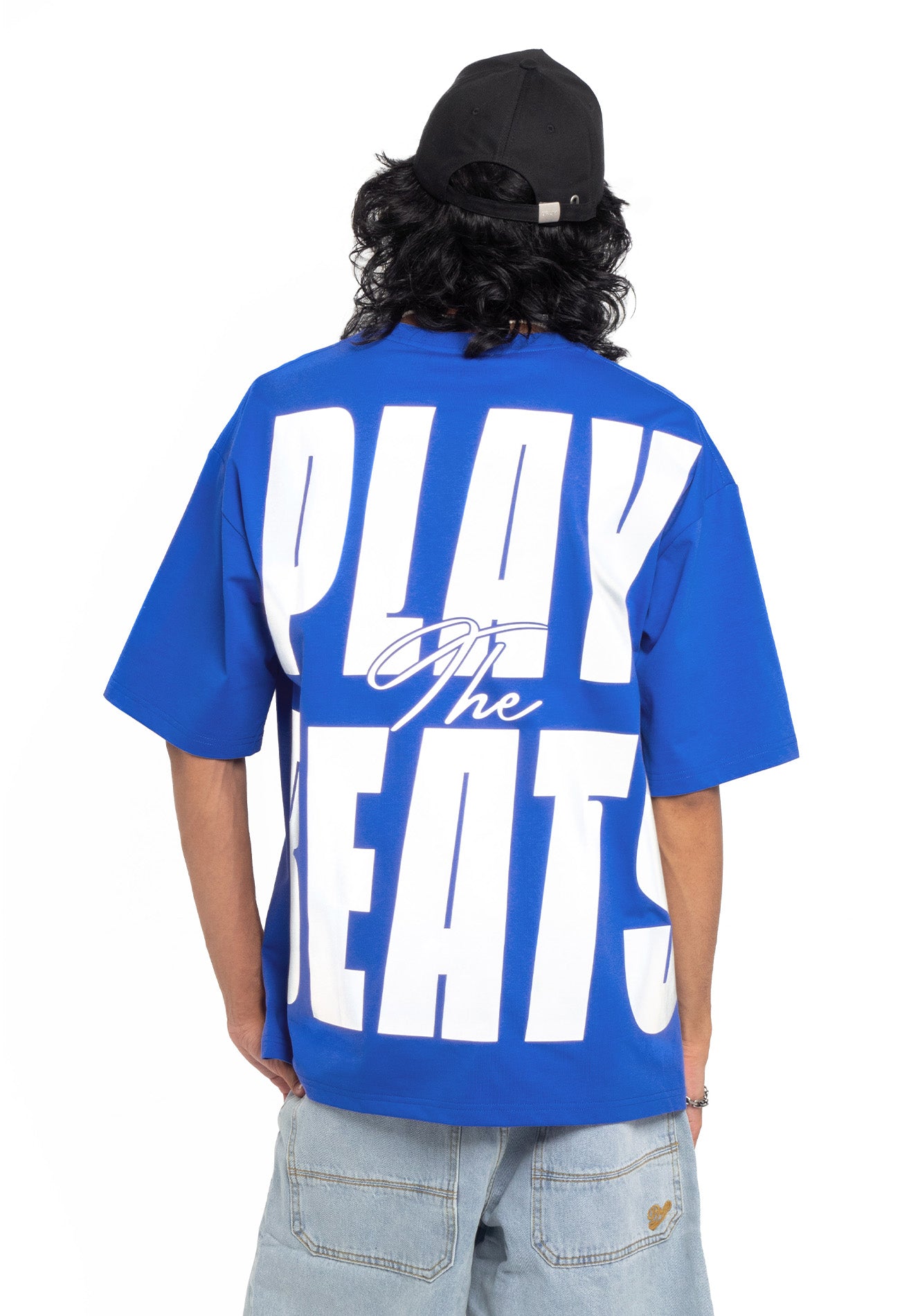 Select Bold Slogan Reflective Print Oversized Tee- Blue