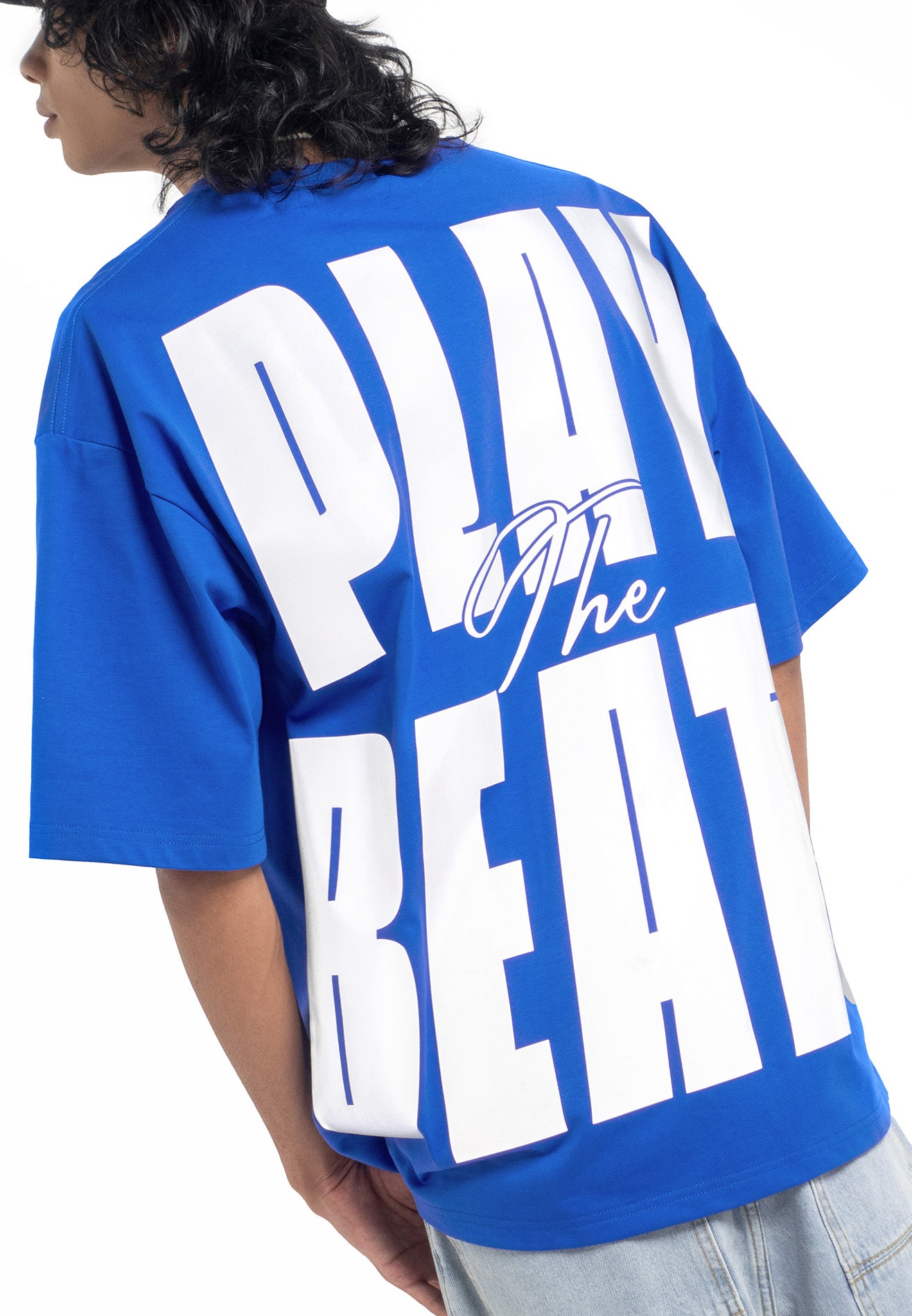 Select Bold Slogan Reflective Print Oversized Tee- Blue