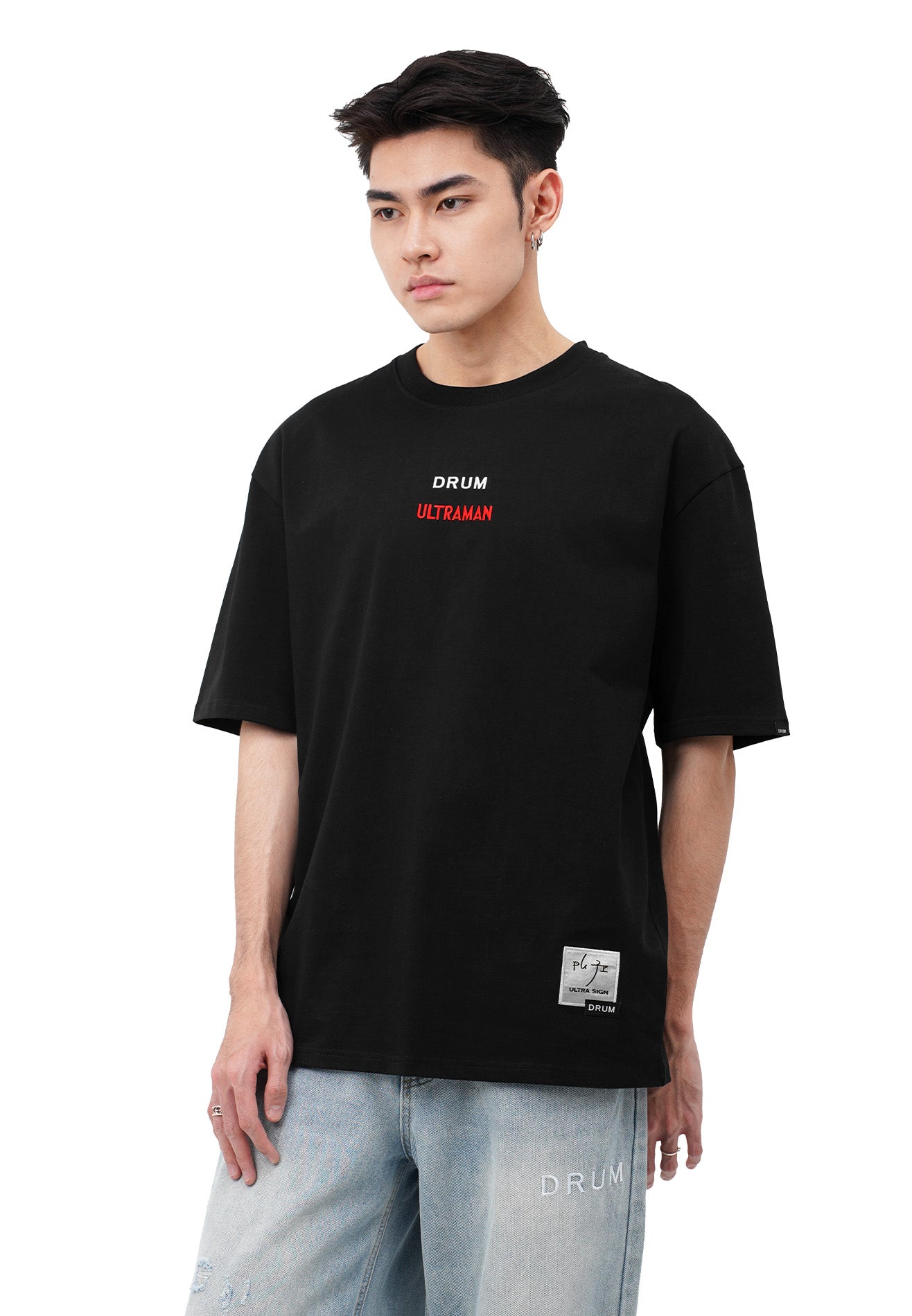 DRUM | ULTRAMAN Flocking Details Oversized Tee- Black