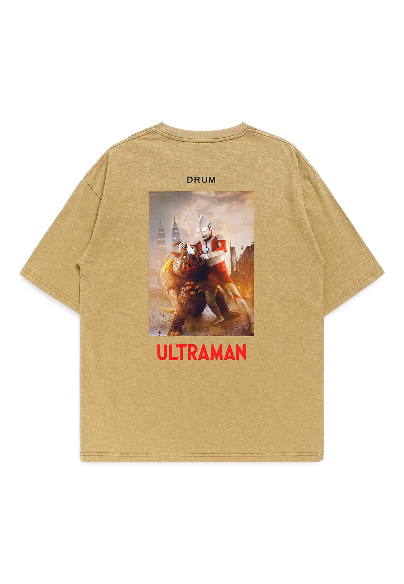 DRUM | ULTRAMAN Photoprint Stoned Washed Oversized Tee- Khaki