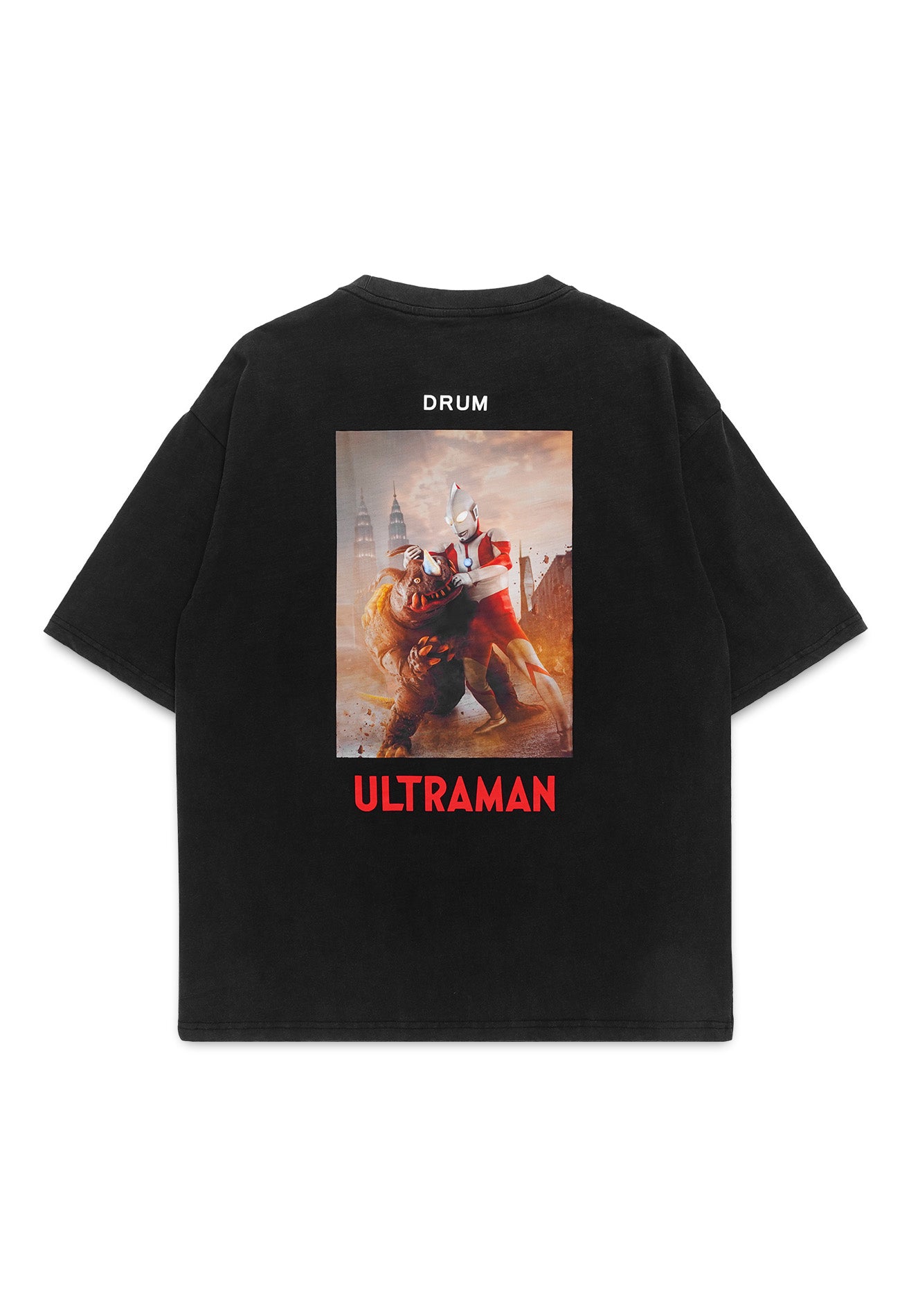 DRUM | ULTRAMAN Photoprint Stoned Washed Oversized Tee- Black