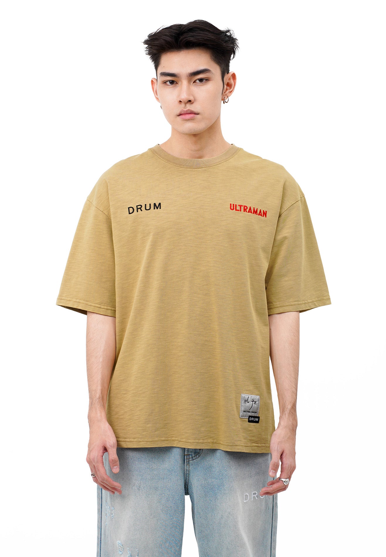DRUM | ULTRAMAN Photoprint Stoned Washed Oversized Tee- Khaki