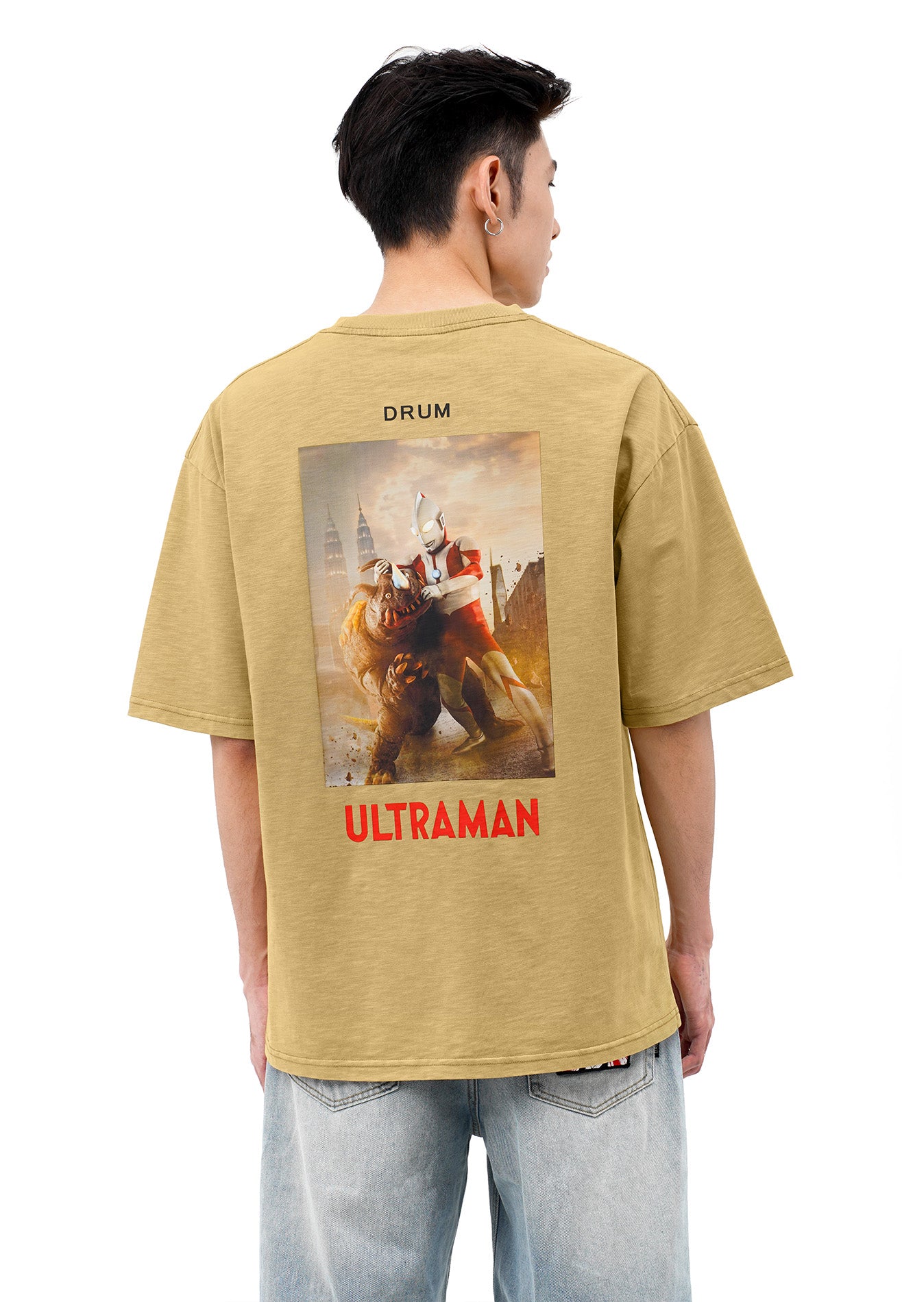 DRUM | ULTRAMAN Photoprint Stoned Washed Oversized Tee- Khaki