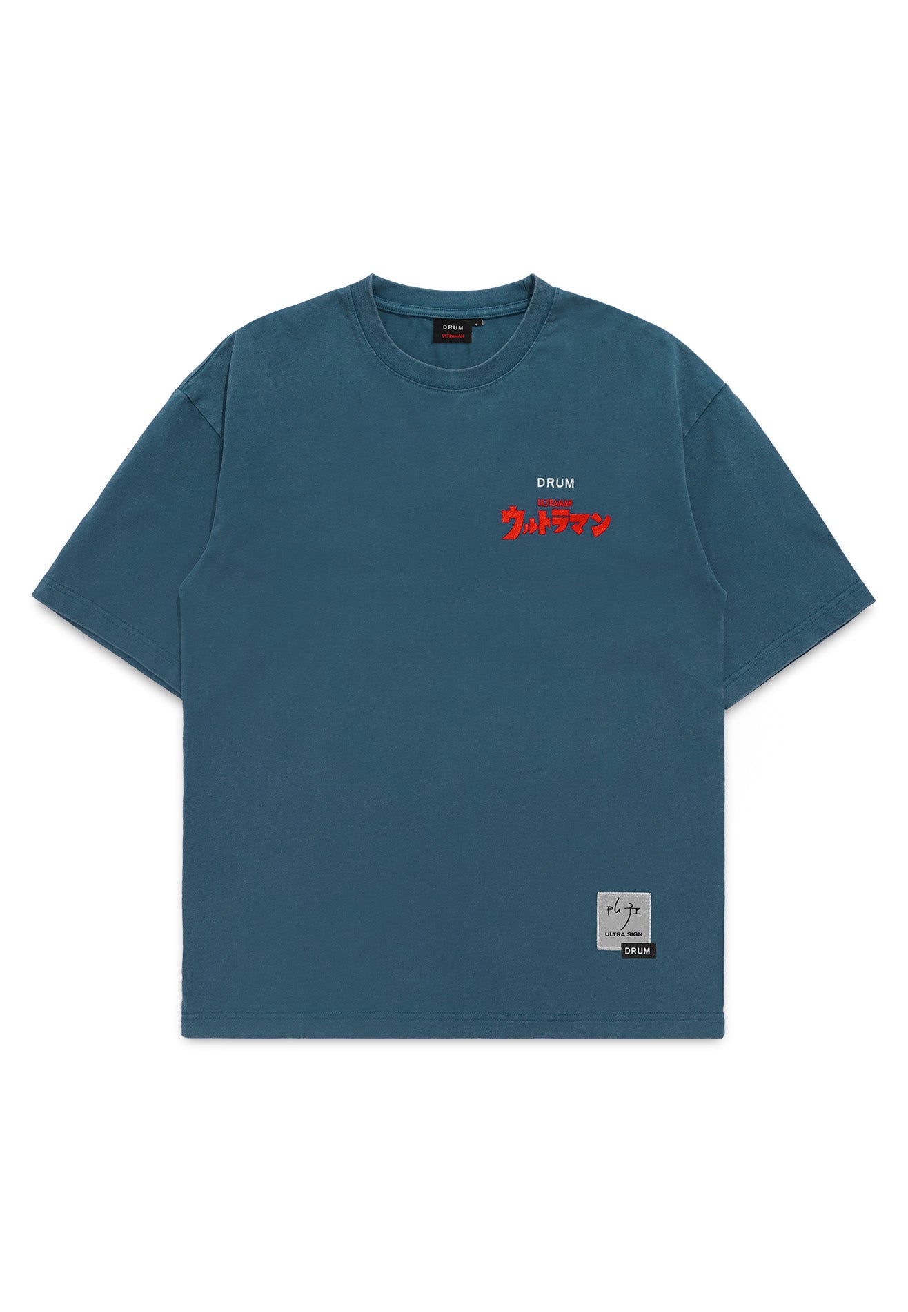 DRUM | ULTRAMAN Hibiscus Embroidery Stoned Washed Oversized Tee- Blue