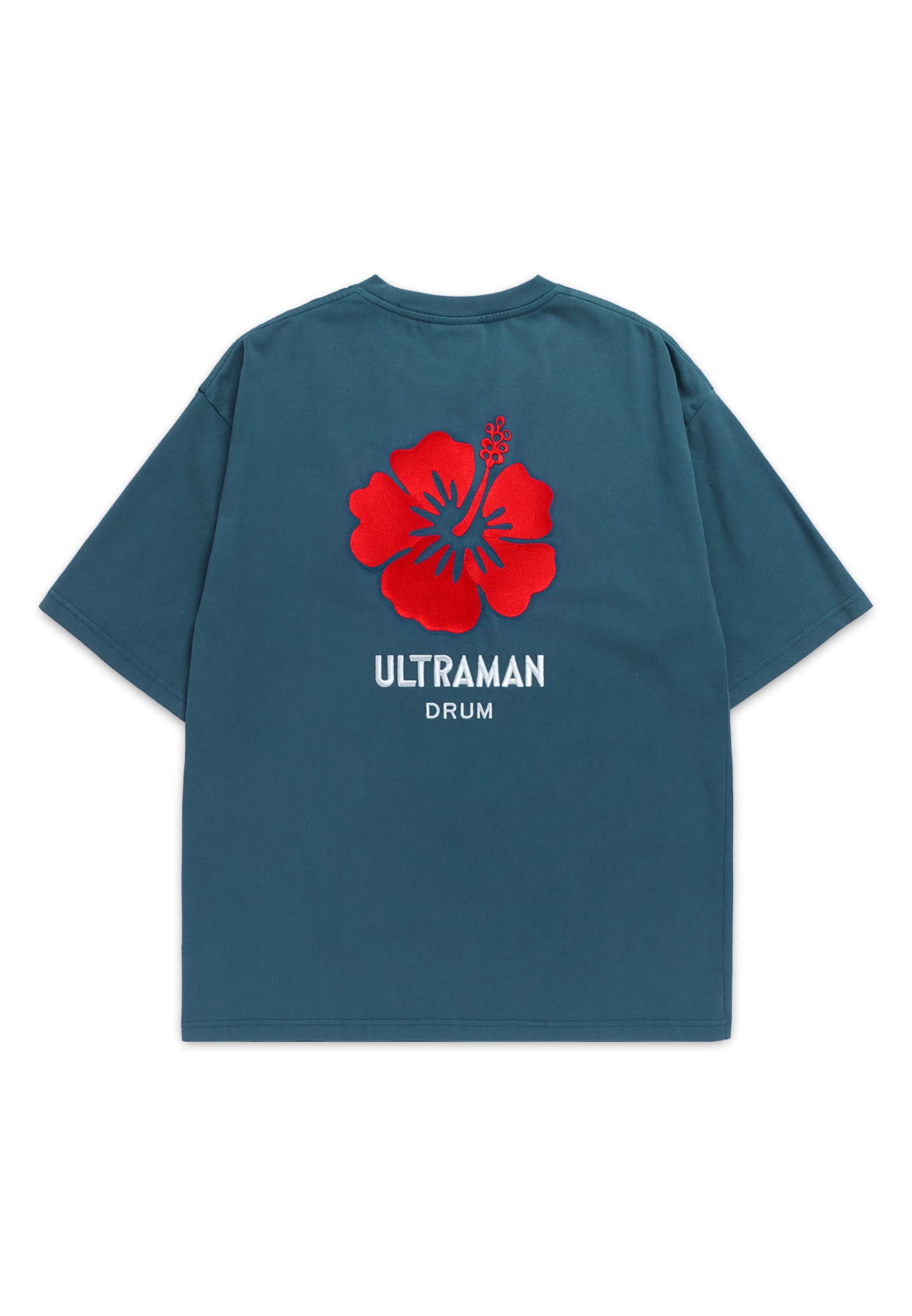 DRUM | ULTRAMAN Hibiscus Embroidery Stoned Washed Oversized Tee- Blue