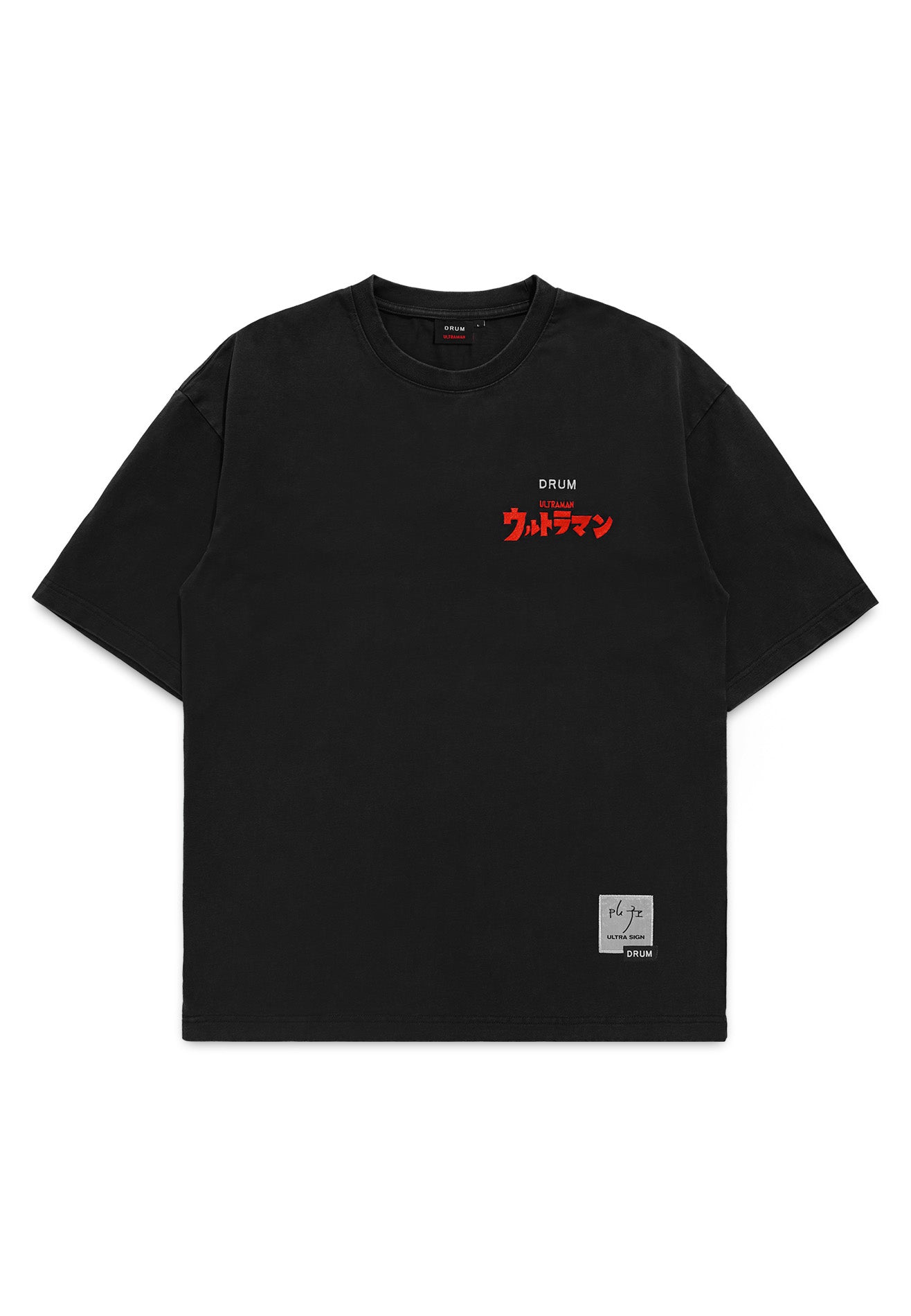 DRUM | ULTRAMAN Hibiscus Embroidery Stoned Washed Oversized Tee- Black