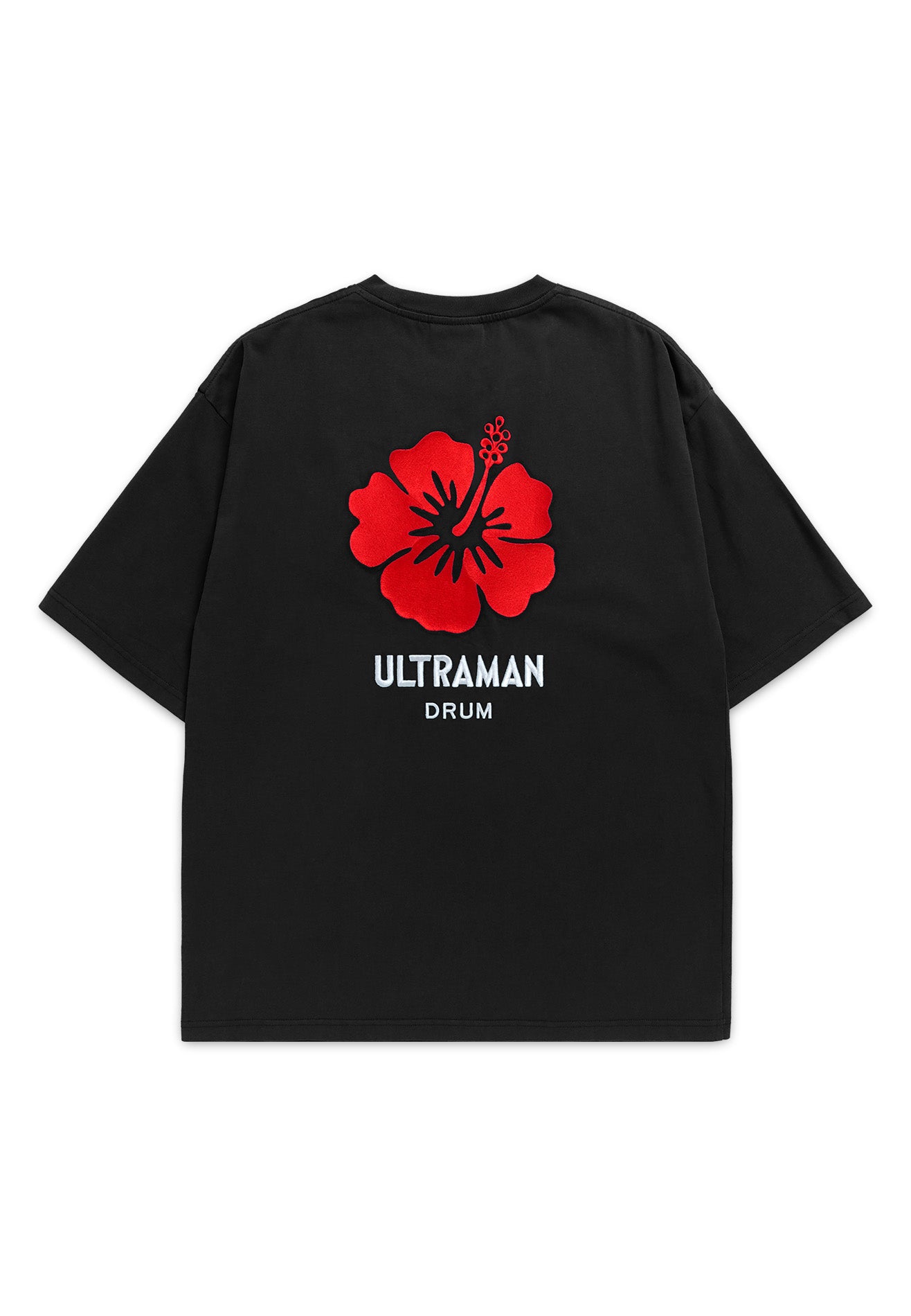 DRUM | ULTRAMAN Hibiscus Embroidery Stoned Washed Oversized Tee- Black