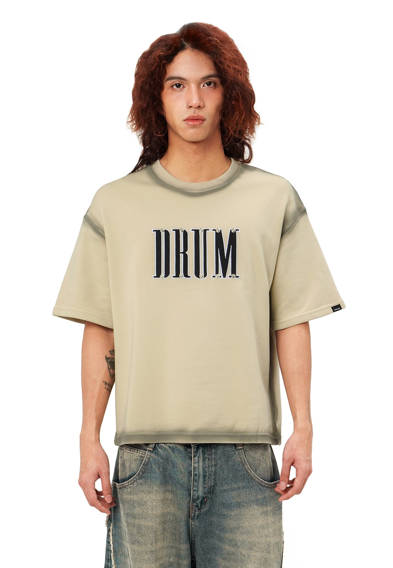 DRUM SELECT Studded Spray Details Oversized Boxy Tee- Light Khaki