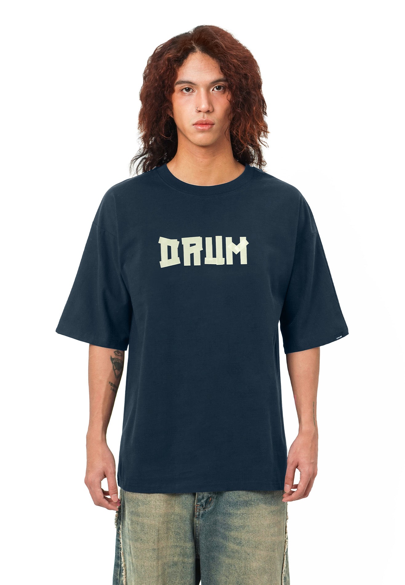 DRUM SELECT Logo TPU Tape Oversized Tee- Dark Blue