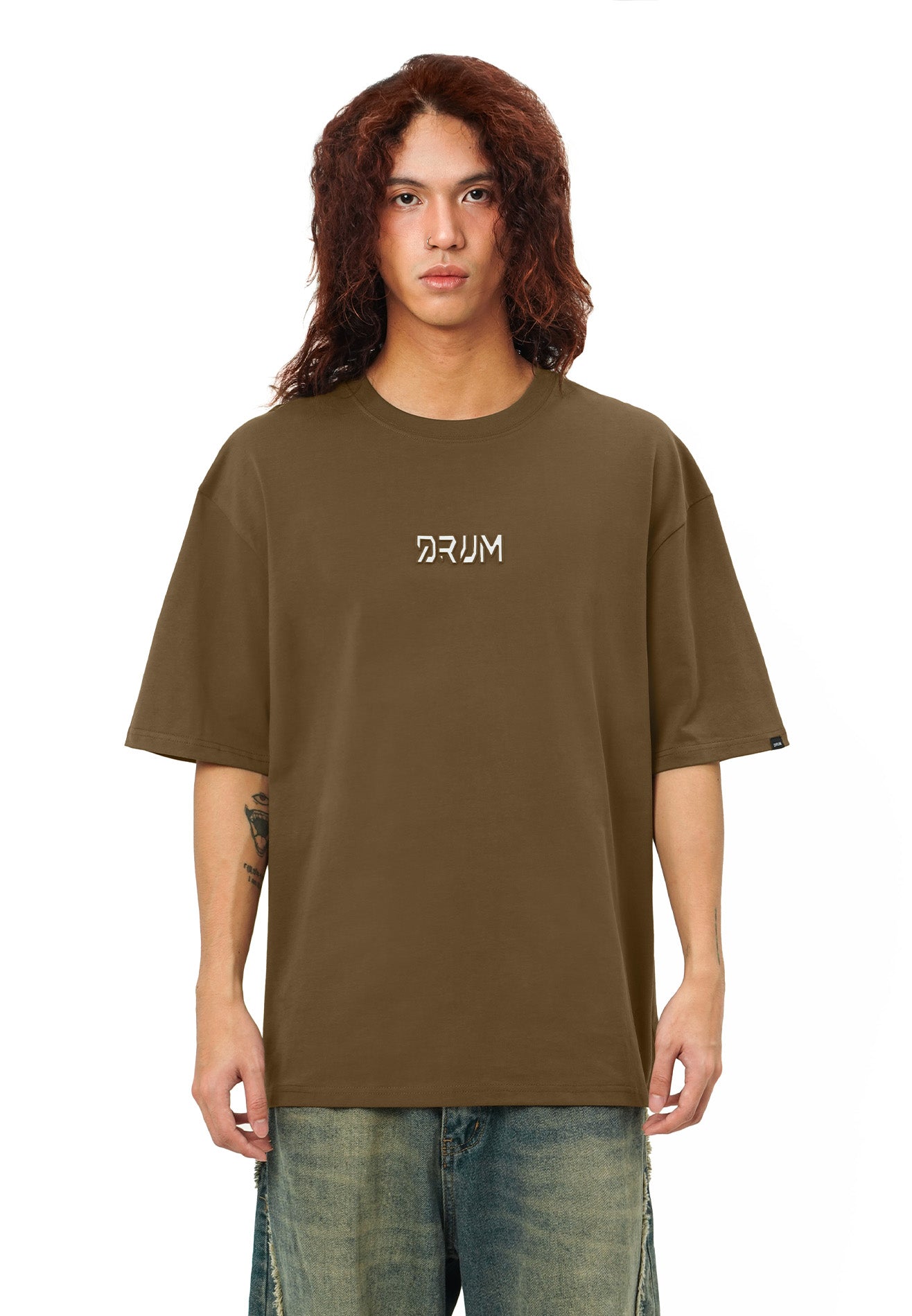 DRUM SELECT Reflective Heat transfer Embroidery Oversized Tee- Dark Khaki