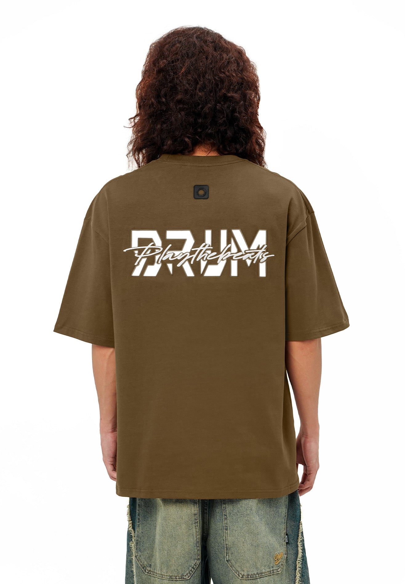 DRUM SELECT Reflective Heat transfer Embroidery Oversized Tee- Dark Khaki