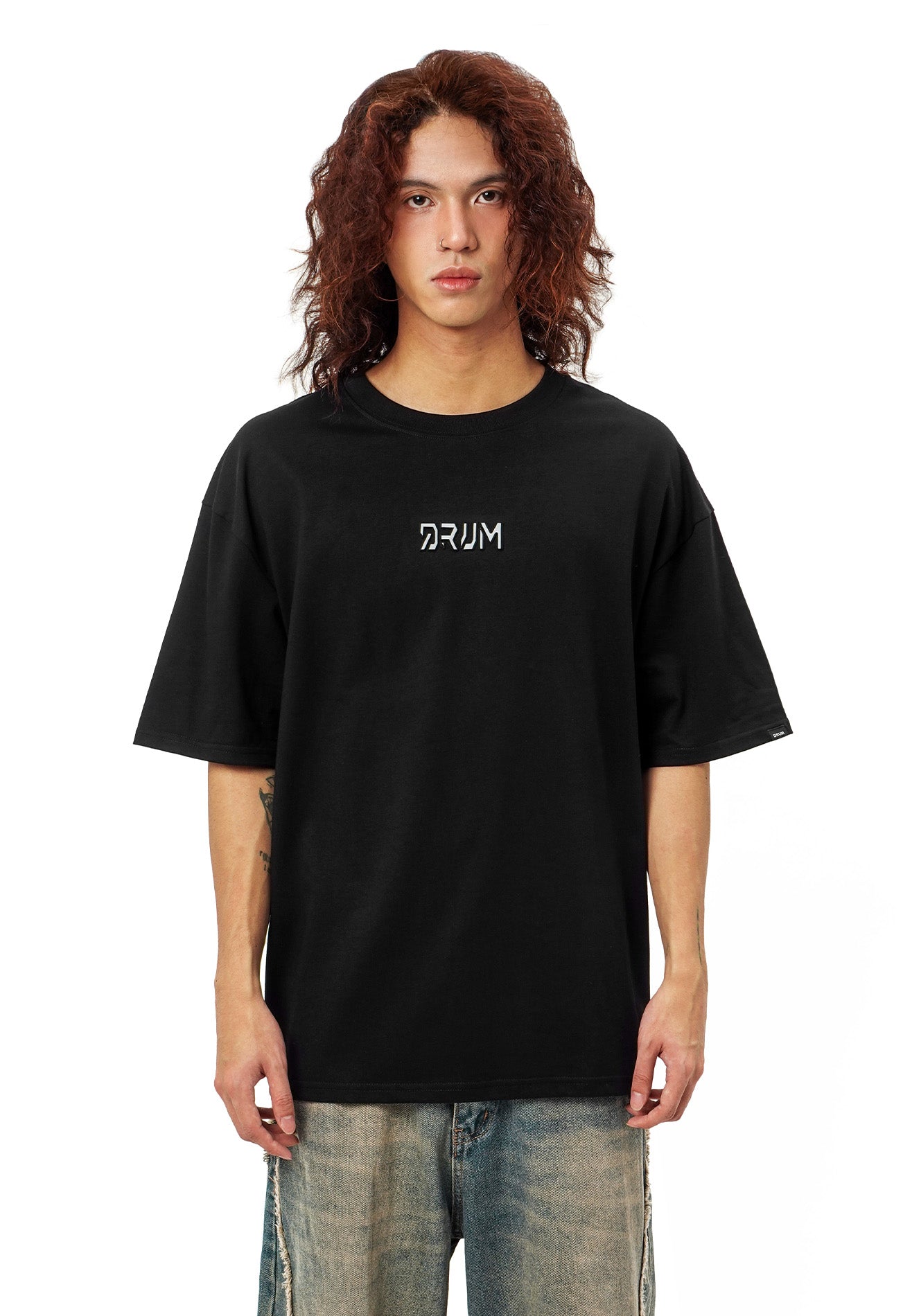 DRUM SELECT Reflective Heat transfer Embroidery Oversized Tee- Black