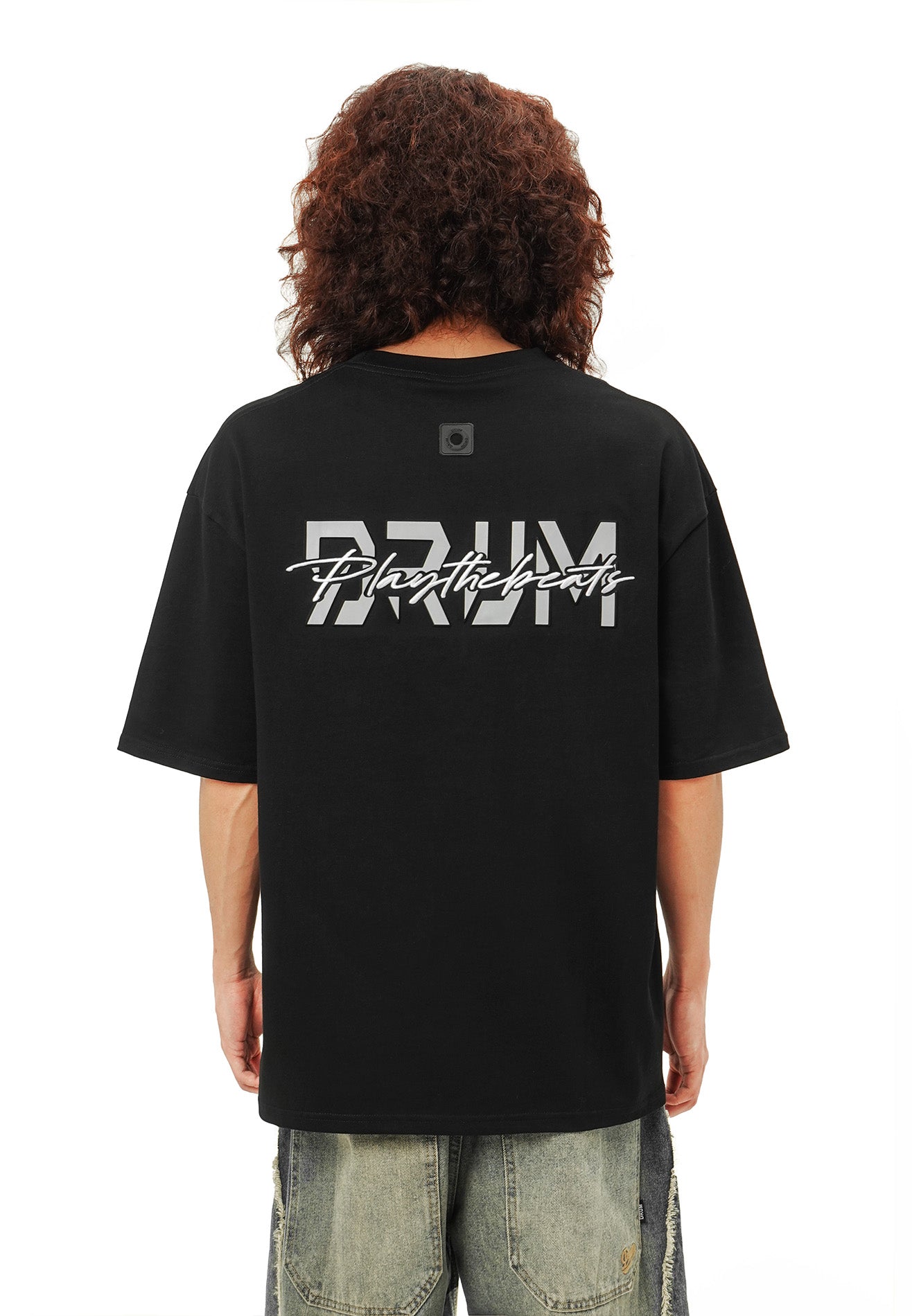 DRUM SELECT Reflective Heat transfer Embroidery Oversized Tee- Black