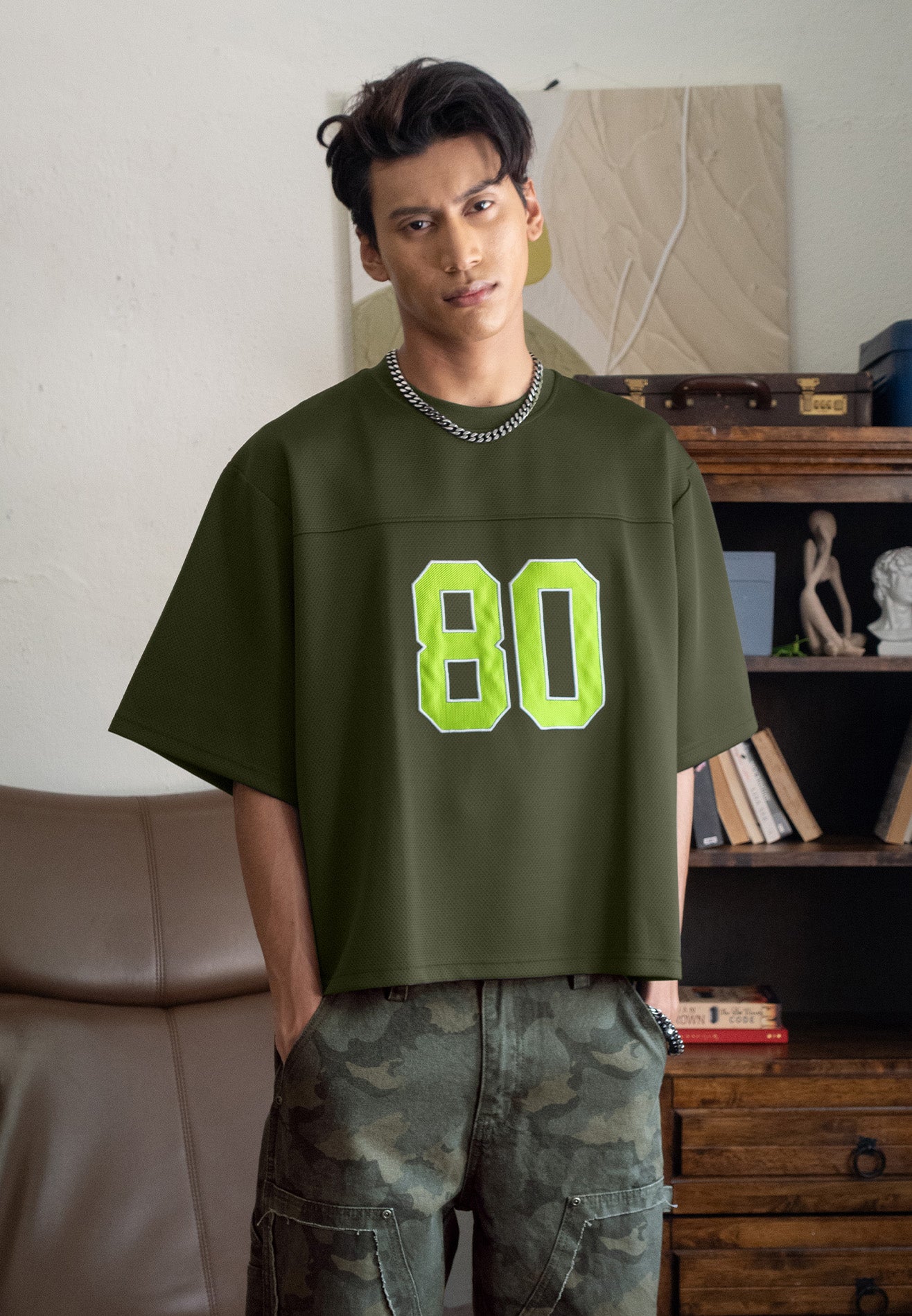 DRUM S. Applique 80 Embroidery Oversized Boxy Tee- Army Green
