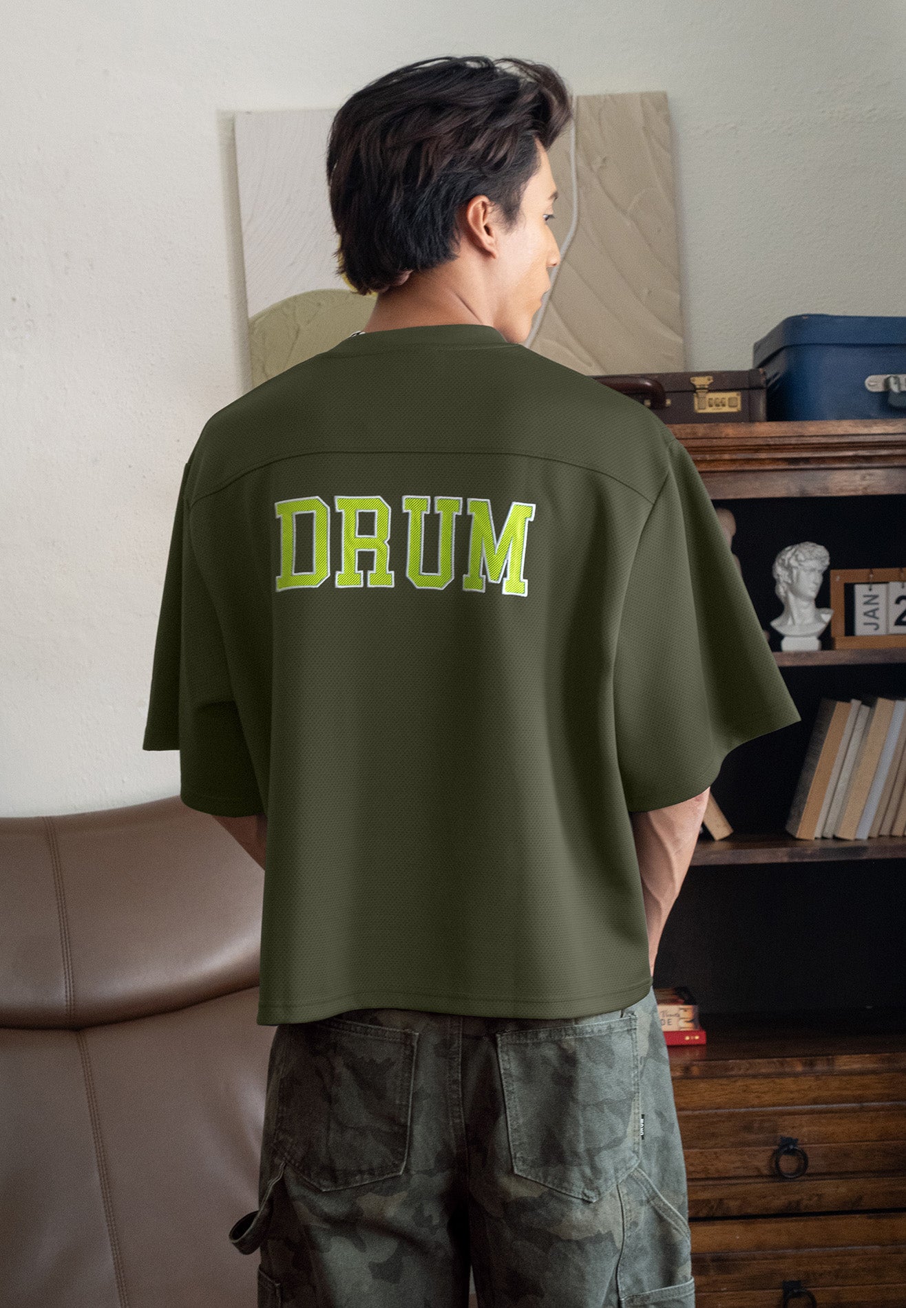 DRUM S. Applique 80 Embroidery Oversized Boxy Tee- Army Green