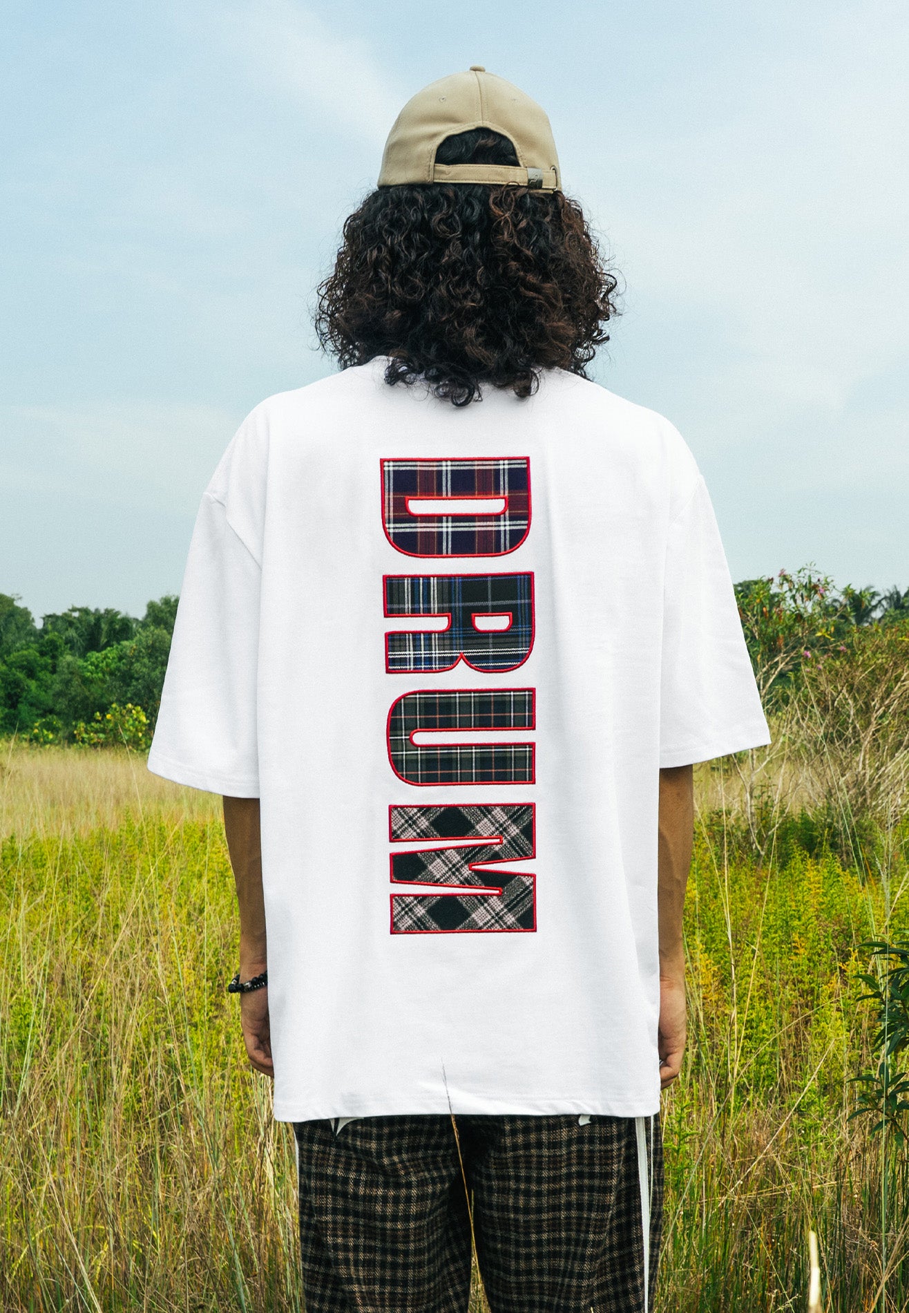 DRUM S. Flannel Applique Oversized Tee- White