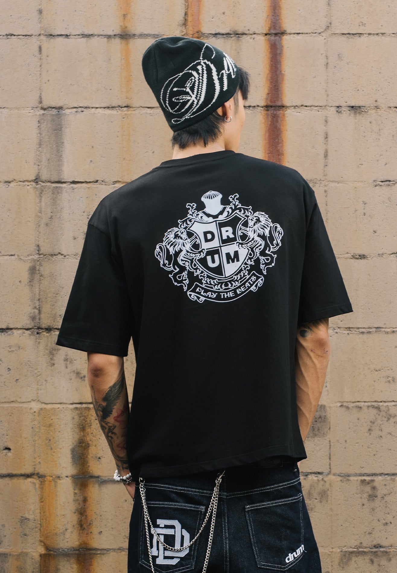 DRUM S. Iconic Velvet Flocking Oversized Tee- Black