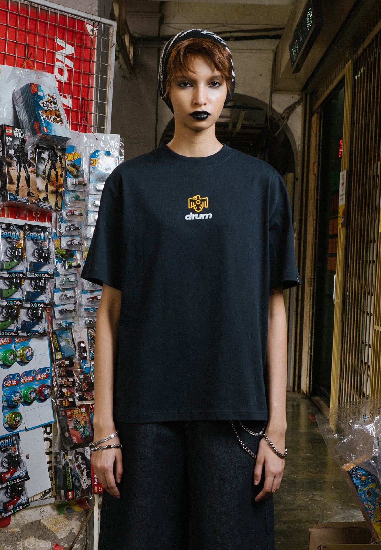DRUM X AOS Logo Embroidery Trible Graphic Cracking Rubber Print Oversized Tee- Navy