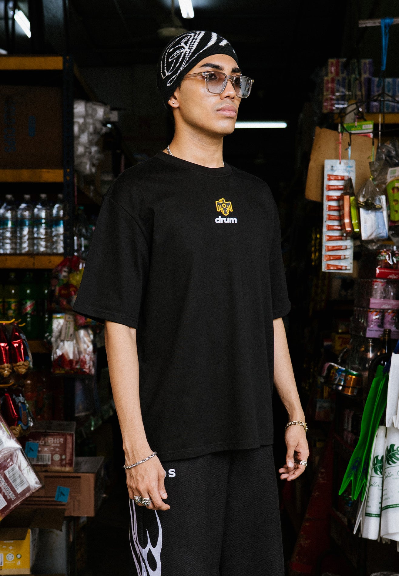 DRUM X AOS Logo Embroidery Trible Graphic Cracking Rubber Print Oversized Tee- Black